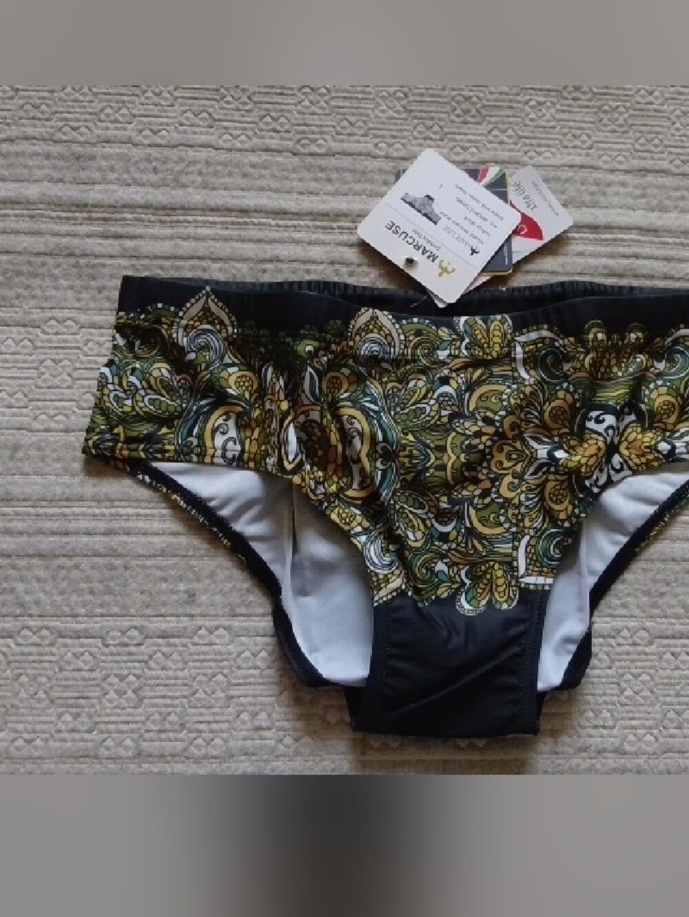 Marcuse Men's Floral Pattern Swim Briefs in Black and Olive